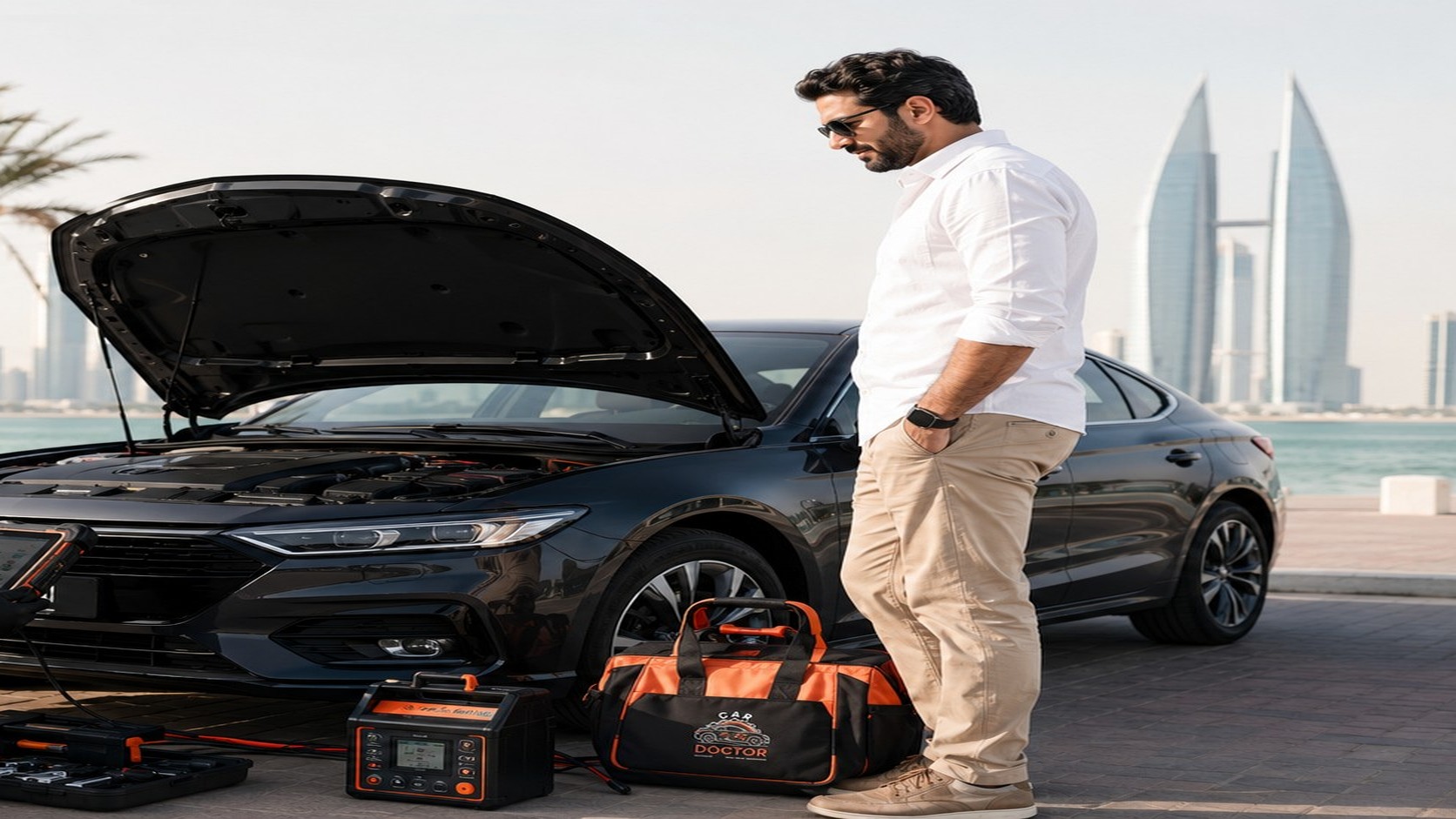 CarDoctor mobile technician inspecting a car on-site in Bahrain