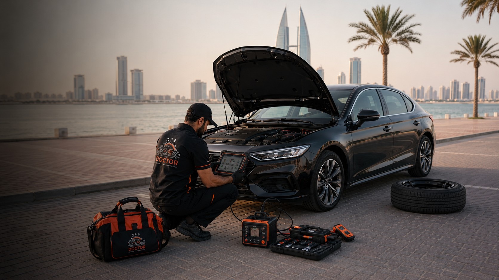 CarDoctor technician using diagnostic tools beside an open car hood
